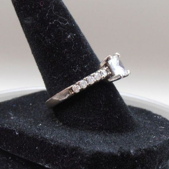 CZ Engagement Style Ring sz 7.5 S925 Silver Plated – Pristine Sparkle, Worn Band - Picture 4 of 5